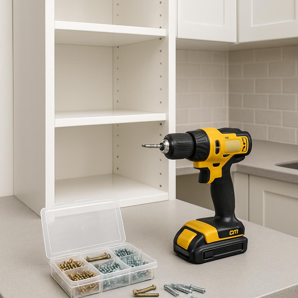 A cordless drill positioned on a light countertop, featuring a box of hanging screws and screws in its battery setting, wh...