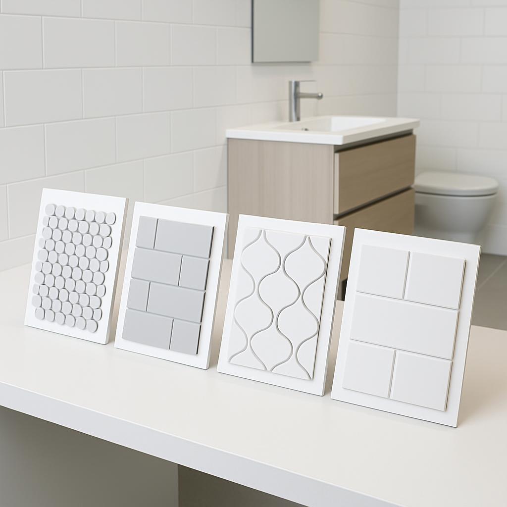 Patterned ceramic tiles arranged in four different styles to suit bathroom design, displayed on a white countertop near a ...