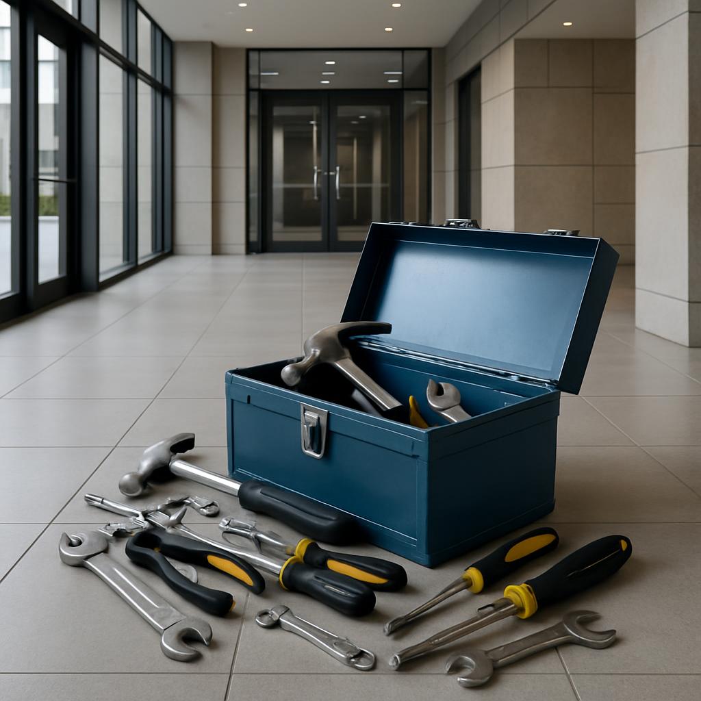 Tools next to and inside open blue metal toolbox on building floor.