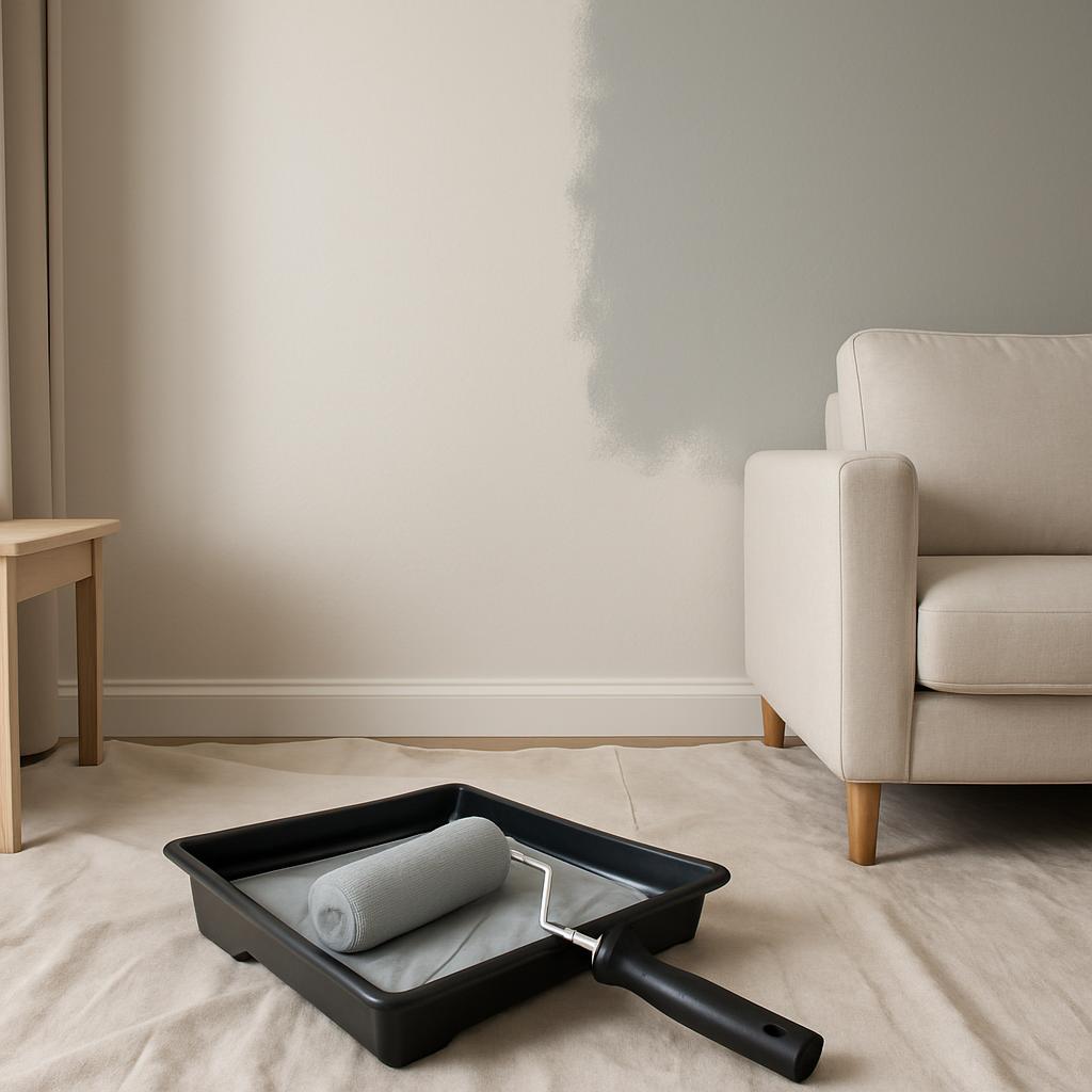 A paint roller in a paint tray on the floor near a chair, with a wall in the background.