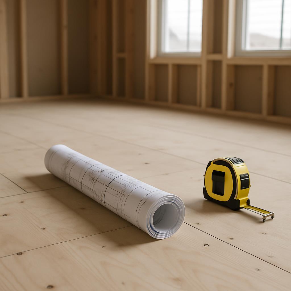 A roll of blueprints sits on a plywood floor next to a yellow and black tape measure in a bare, unfinished room with woode...